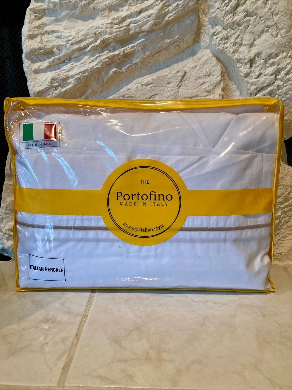 NEW Portfolio Hemstitch Queen Sheet Set, Pure White Cotton with taupe hemstitch
